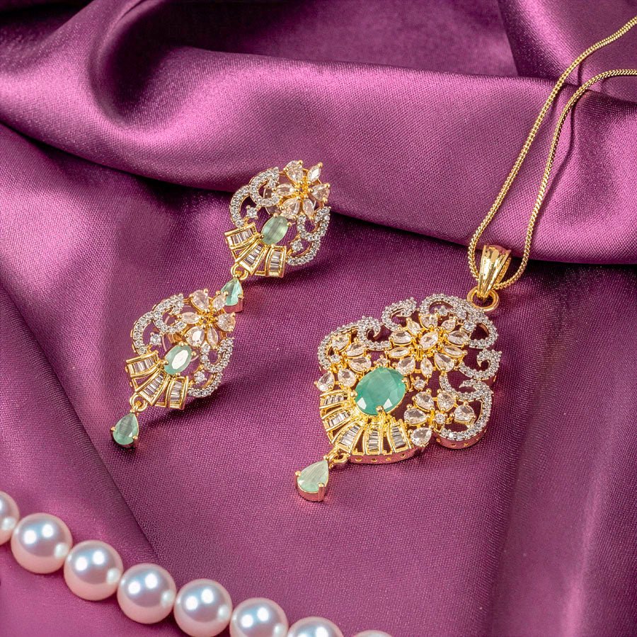Mint Green Gold Lightweight American Diamond Pendant Set for Women for Occasion and Party Wear (MI - PEN - 006 - LEM - GD) - The Indian Mudra