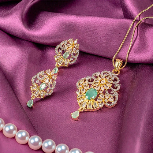 Mint Green Gold Lightweight American Diamond Pendant Set for Women for Occasion and Party Wear (MI - PEN - 006 - LEM - GD) - The Indian Mudra