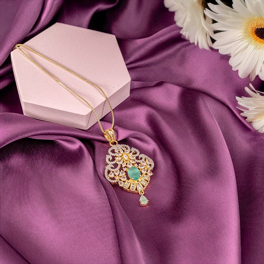 Mint Green Gold Lightweight American Diamond Pendant Set for Women for Occasion and Party Wear (MI - PEN - 006 - LEM - GD) - The Indian Mudra