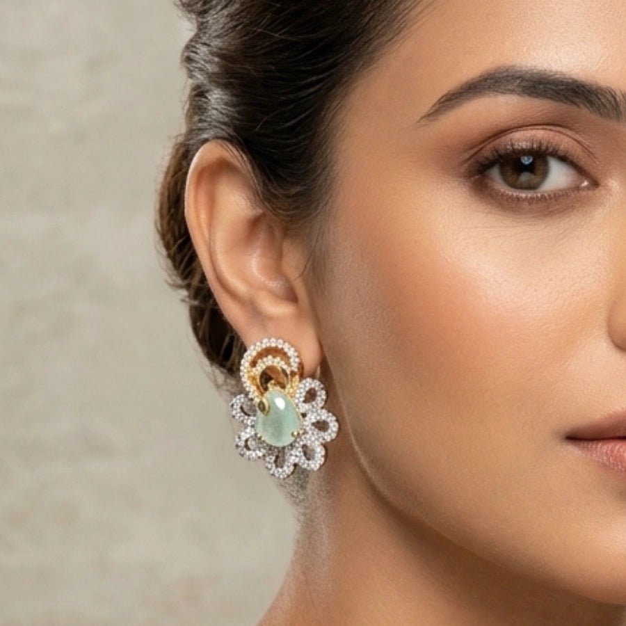 Mint Green Gold Polish Earrings Lightweight American Diamond for Women - The Indian Mudra
