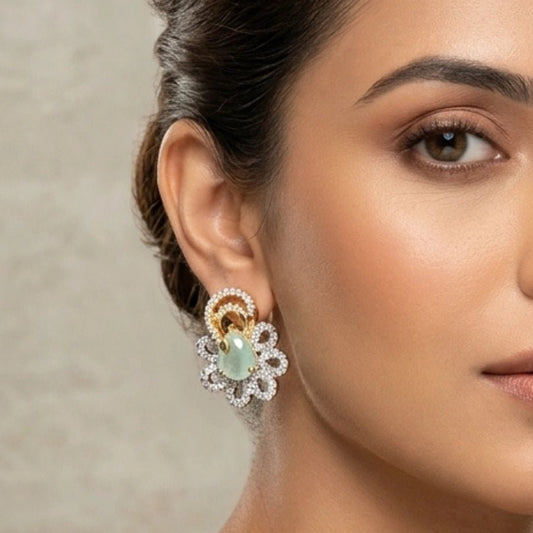 Mint Green Gold Polish Earrings Lightweight American Diamond for Women - The Indian Mudra