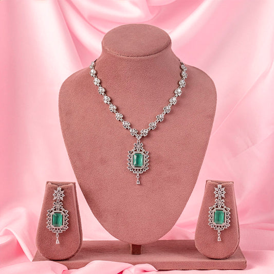Mint Green Short Silver Lightweight American Diamond Necklace Set for Women for Occasion and Party Wear (MC-NS-009-MG-SL)