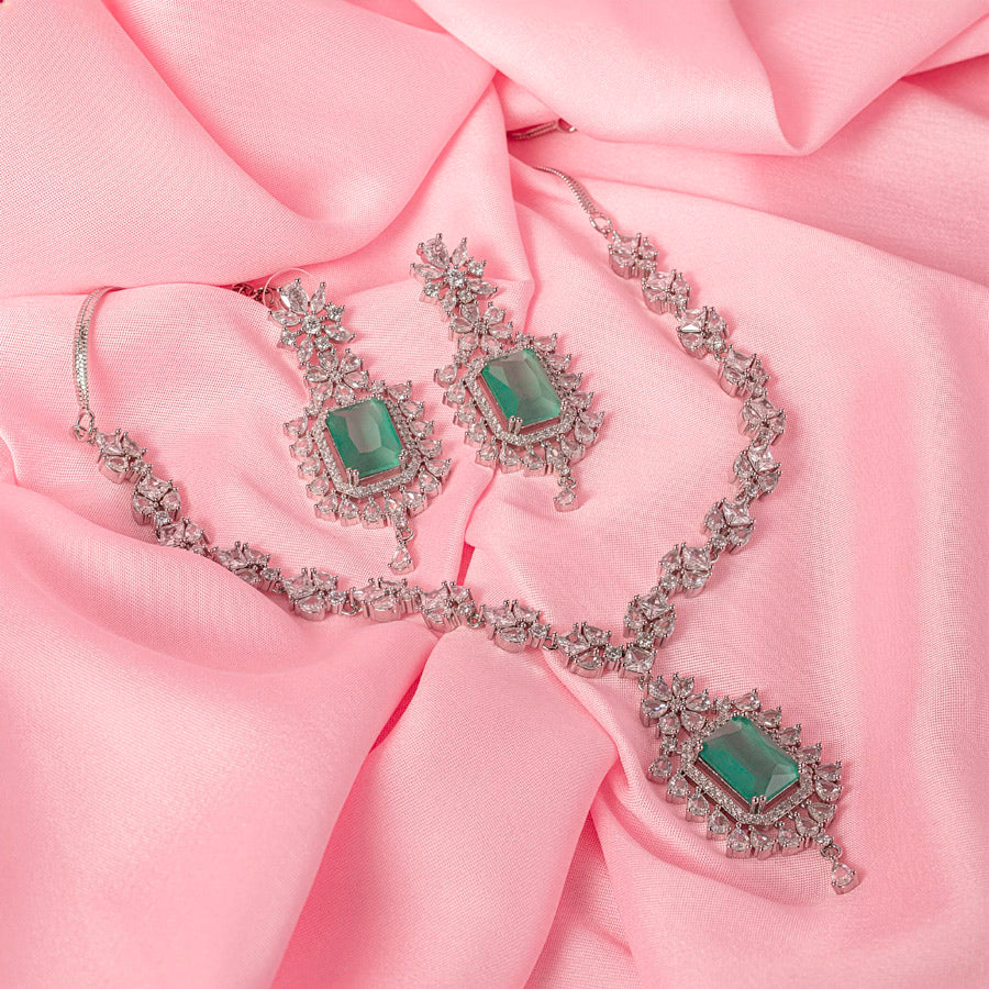 Mint Green Short Silver Lightweight American Diamond Necklace Set for Women for Occasion and Party Wear (MC-NS-009-MG-SL)