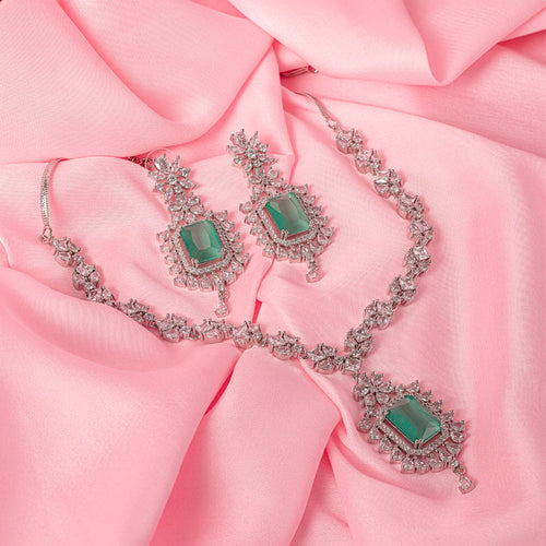 Mint Green Short Silver Lightweight American Diamond Necklace Set for Women for Occasion and Party Wear (MC-NS-009-MG-SL)