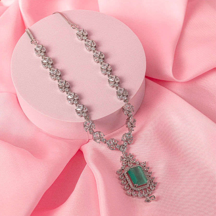 Mint Green Short Silver Lightweight American Diamond Necklace Set for Women for Occasion and Party Wear (MC-NS-009-MG-SL)