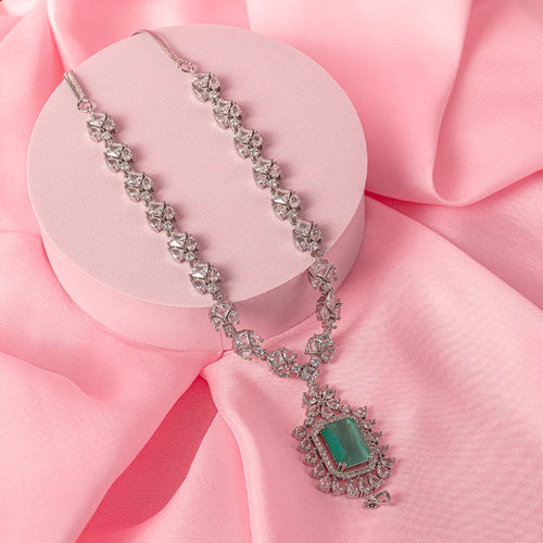 Mint Green Short Silver Lightweight American Diamond Necklace Set for Women for Occasion and Party Wear (MC-NS-009-MG-SL)