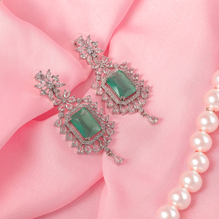 Mint Green Short Silver Lightweight American Diamond Necklace Set for Women for Occasion and Party Wear (MC-NS-009-MG-SL)