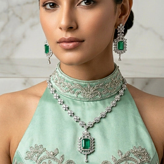 Mint Green Short Silver Lightweight American Diamond Necklace Set for Women for Occasion and Party Wear (MC-NS-009-MG-SL)