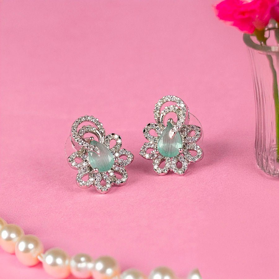 Mint Green Silver Earrings Lightweight American Diamond for Women for Occasion and Party Wear (MI - ER - 001 - LEM - SL) - The Indian Mudra