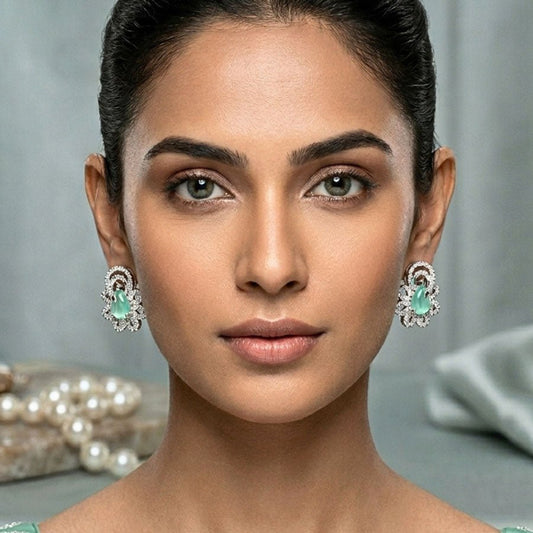 Mint Green Silver Earrings Lightweight American Diamond for Women for Occasion and Party Wear (MI - ER - 001 - LEM - SL) - The Indian Mudra