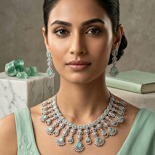 Mint Green Silver Lightweight Short American Diamond Necklace Set for Women for Occasion and Party Wear (MC - NS - 013 - MG - SL) - The Indian Mudra