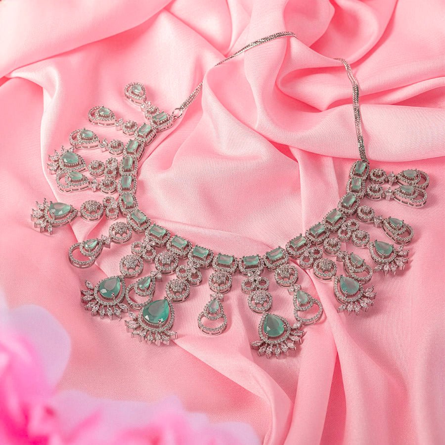 Mint Green Silver Lightweight Short American Diamond Necklace Set for Women for Occasion and Party Wear (MC - NS - 013 - MG - SL) - The Indian Mudra