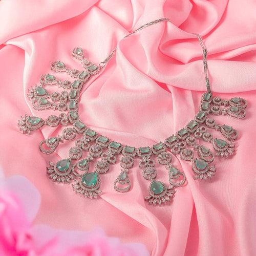 Mint Green Silver Lightweight Short American Diamond Necklace Set for Women for Occasion and Party Wear (MC - NS - 013 - MG - SL) - The Indian Mudra
