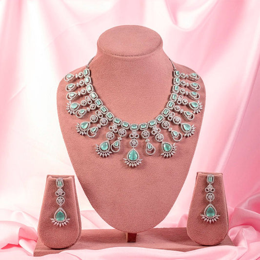 Mint Green Silver Lightweight Short American Diamond Necklace Set for Women for Occasion and Party Wear (MC - NS - 013 - MG - SL) - The Indian Mudra