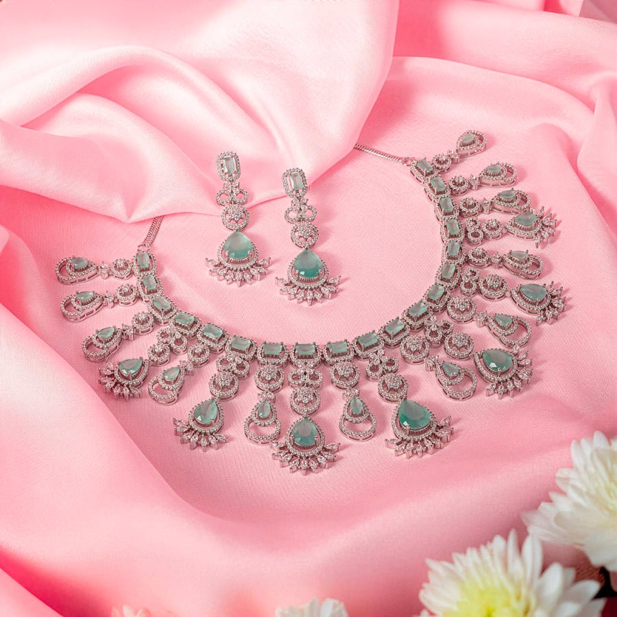 Mint Green Silver Lightweight Short American Diamond Necklace Set for Women for Occasion and Party Wear (MC - NS - 013 - MG - SL) - The Indian Mudra