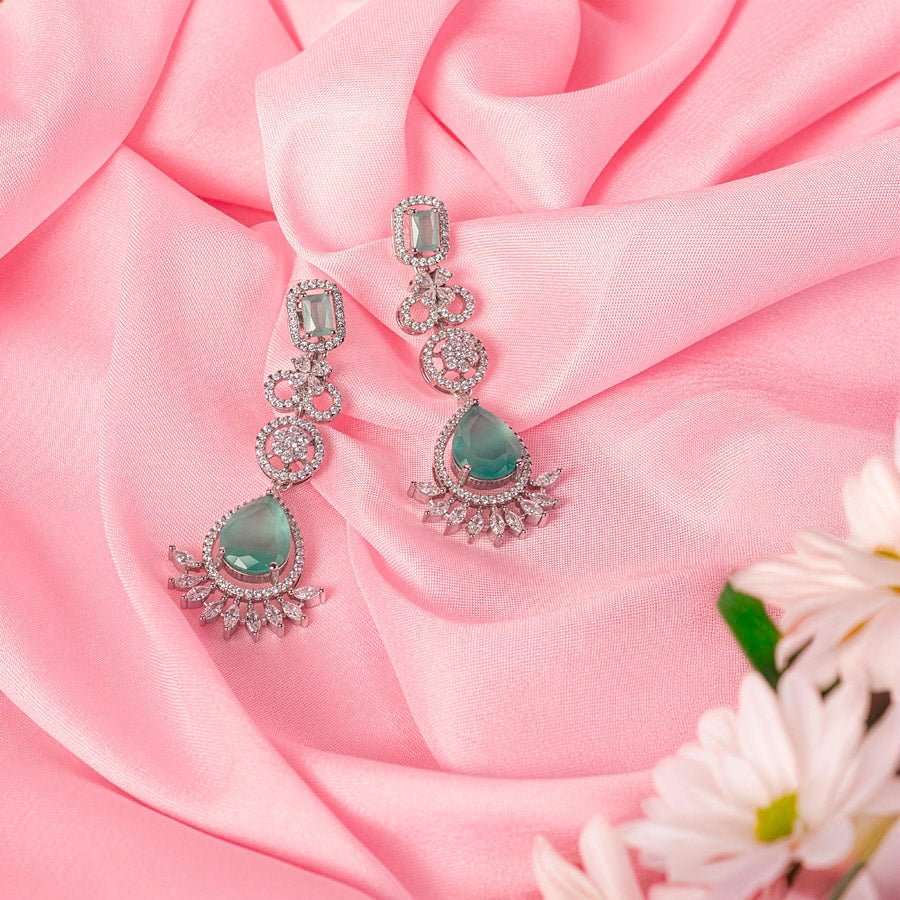 Mint Green Silver Lightweight Short American Diamond Necklace Set for Women for Occasion and Party Wear (MC - NS - 013 - MG - SL) - The Indian Mudra