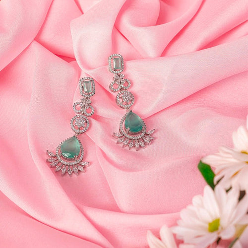 Mint Green Silver Lightweight Short American Diamond Necklace Set for Women for Occasion and Party Wear (MC - NS - 013 - MG - SL) - The Indian Mudra