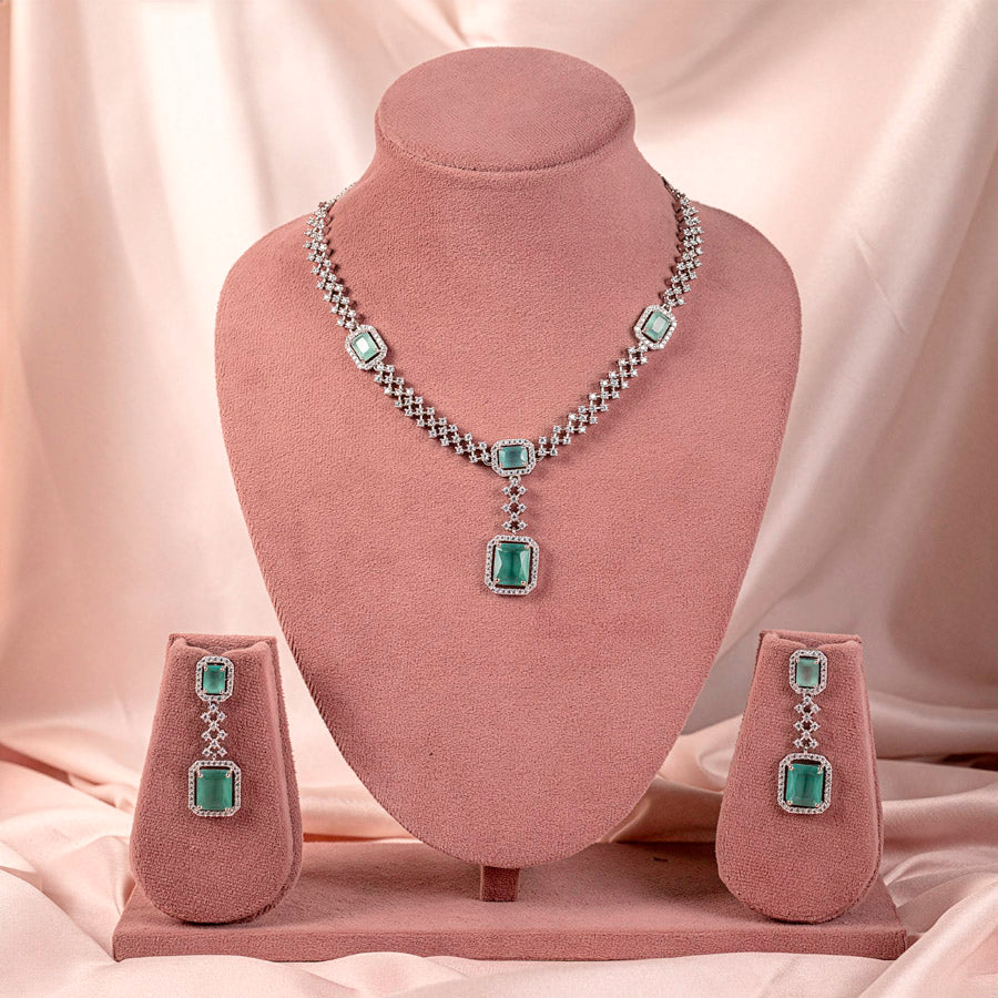 Mint Green Silver Short Lightweight American Diamond Necklace Set for Women for Occasion and Party Wear (MC-NS-008-MG-SL)