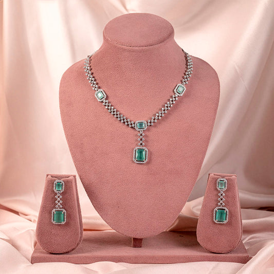 Mint Green Silver Short Lightweight American Diamond Necklace Set for Women for Occasion and Party Wear (MC-NS-008-MG-SL)
