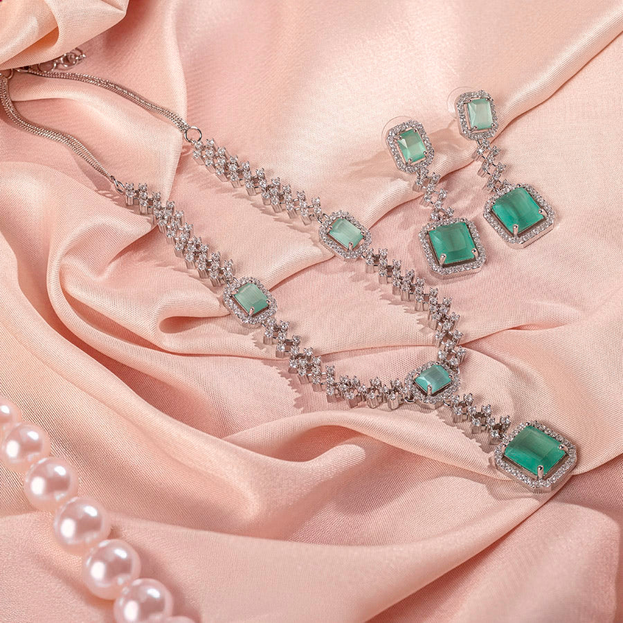 Mint Green Silver Short Lightweight American Diamond Necklace Set for Women for Occasion and Party Wear (MC-NS-008-MG-SL)