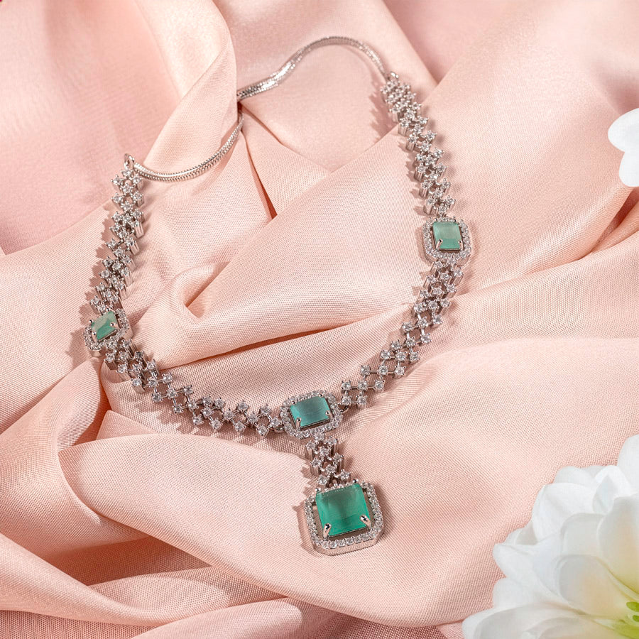 Mint Green Silver Short Lightweight American Diamond Necklace Set for Women for Occasion and Party Wear (MC-NS-008-MG-SL)