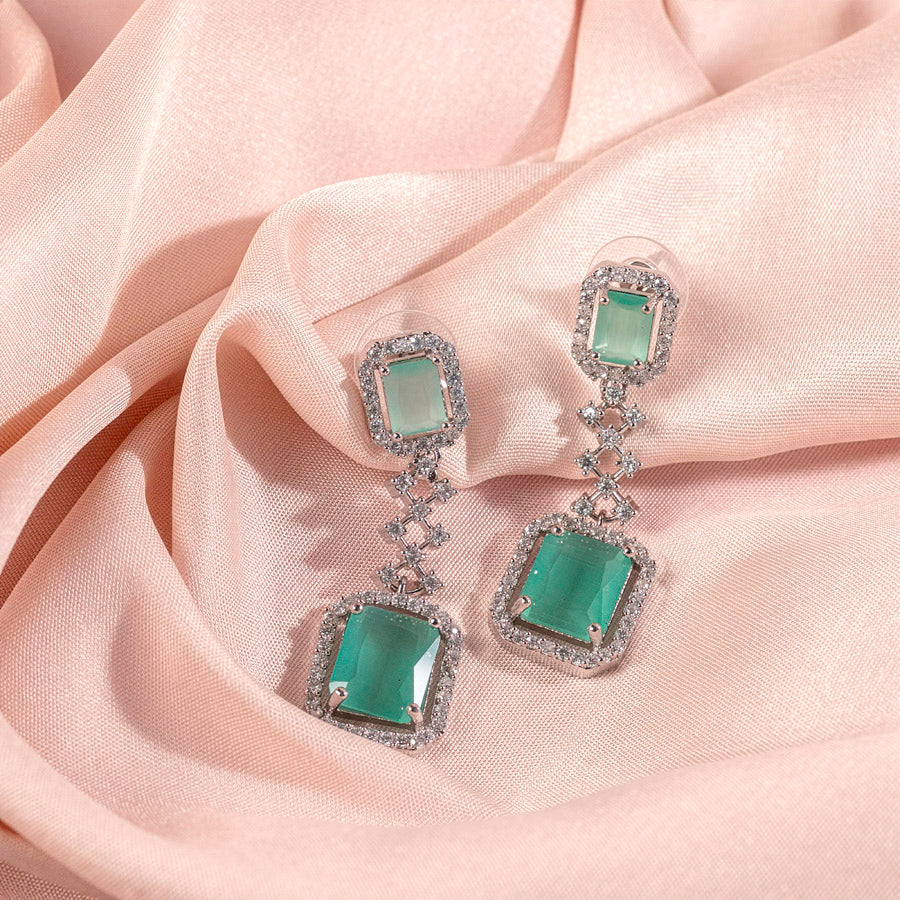 Mint Green Silver Short Lightweight American Diamond Necklace Set for Women for Occasion and Party Wear (MC-NS-008-MG-SL)