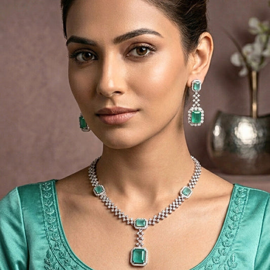 Mint Green Silver Short Lightweight American Diamond Necklace Set for Women for Occasion and Party Wear (MC-NS-008-MG-SL)
