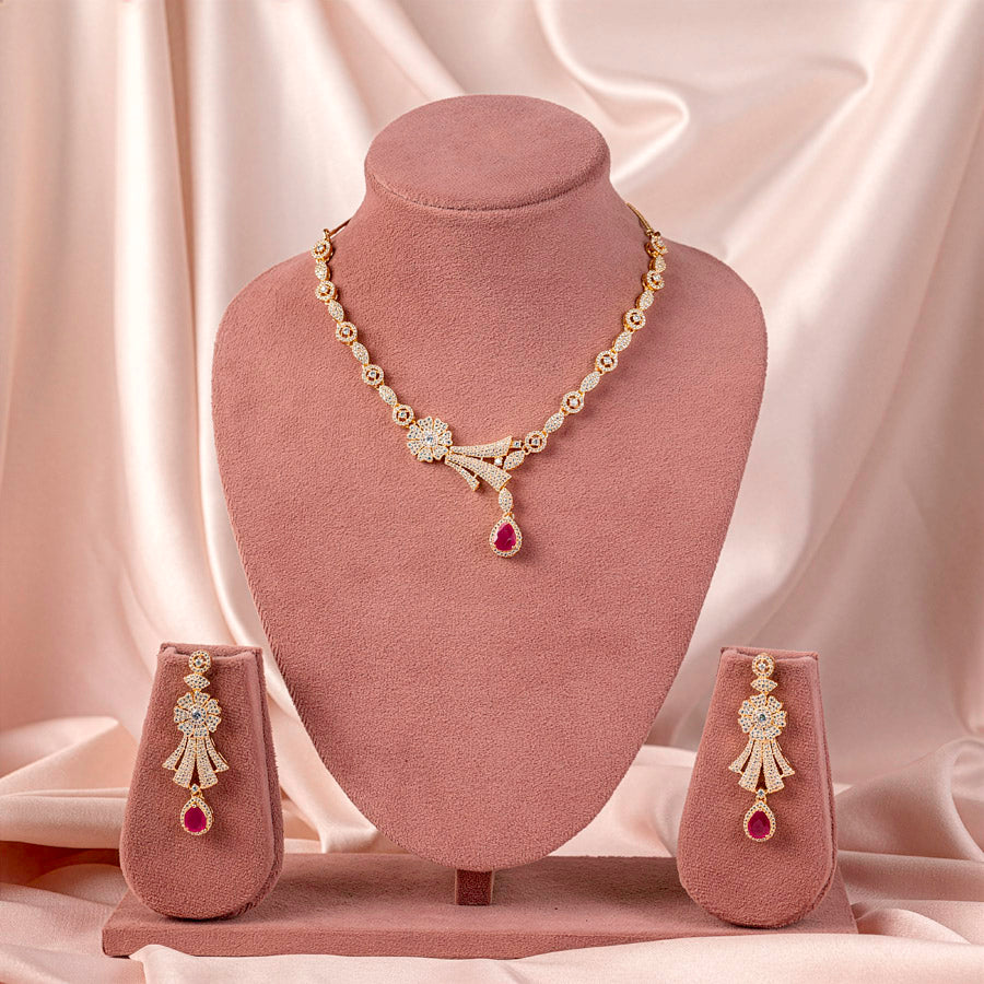 Pink Gold Lightweight Short American Diamond Necklace Set for Women for Occasion and Party Wear (MC-NS-007-PK-GD)