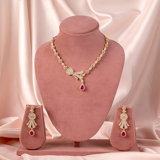 Pink Gold Lightweight Short American Diamond Necklace Set for Women for Occasion and Party Wear (MC-NS-007-PK-GD)