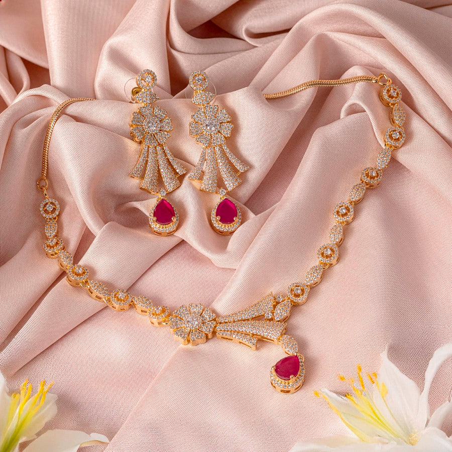 Pink Gold Lightweight Short American Diamond Necklace Set for Women for Occasion and Party Wear (MC-NS-007-PK-GD)