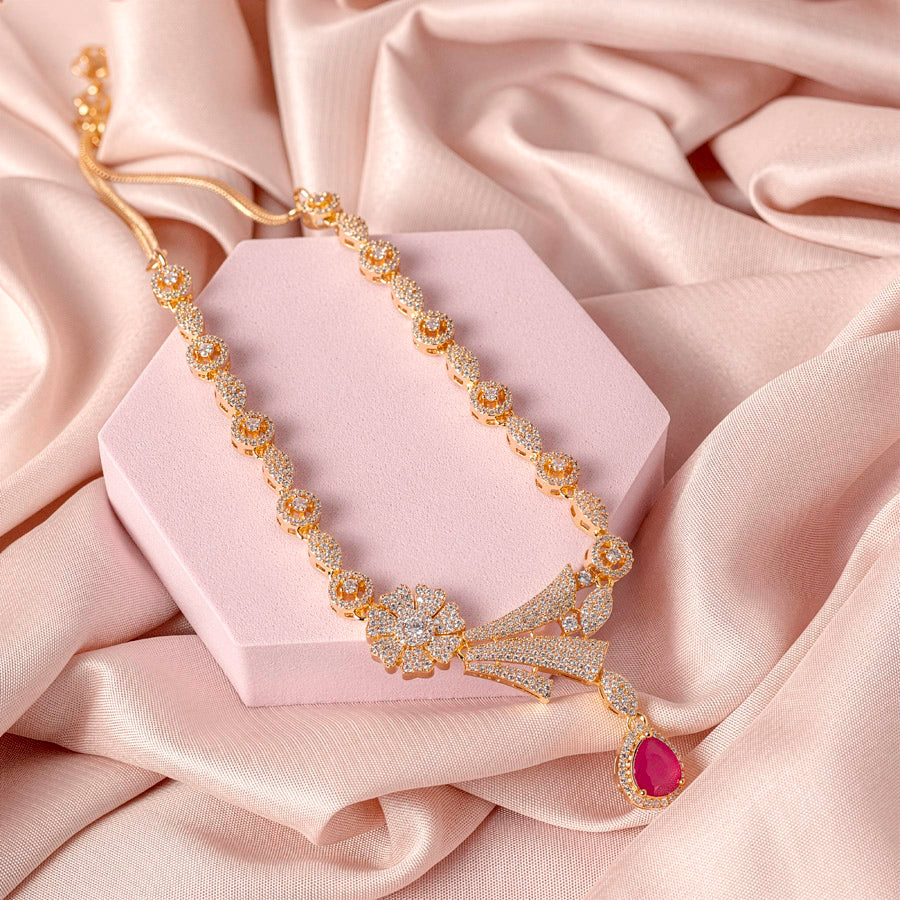 Pink Gold Lightweight Short American Diamond Necklace Set for Women for Occasion and Party Wear (MC-NS-007-PK-GD)