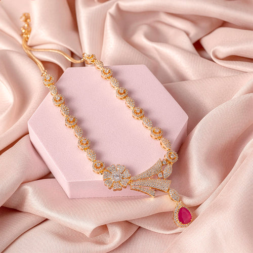 Pink Gold Lightweight Short American Diamond Necklace Set for Women for Occasion and Party Wear (MC-NS-007-PK-GD)