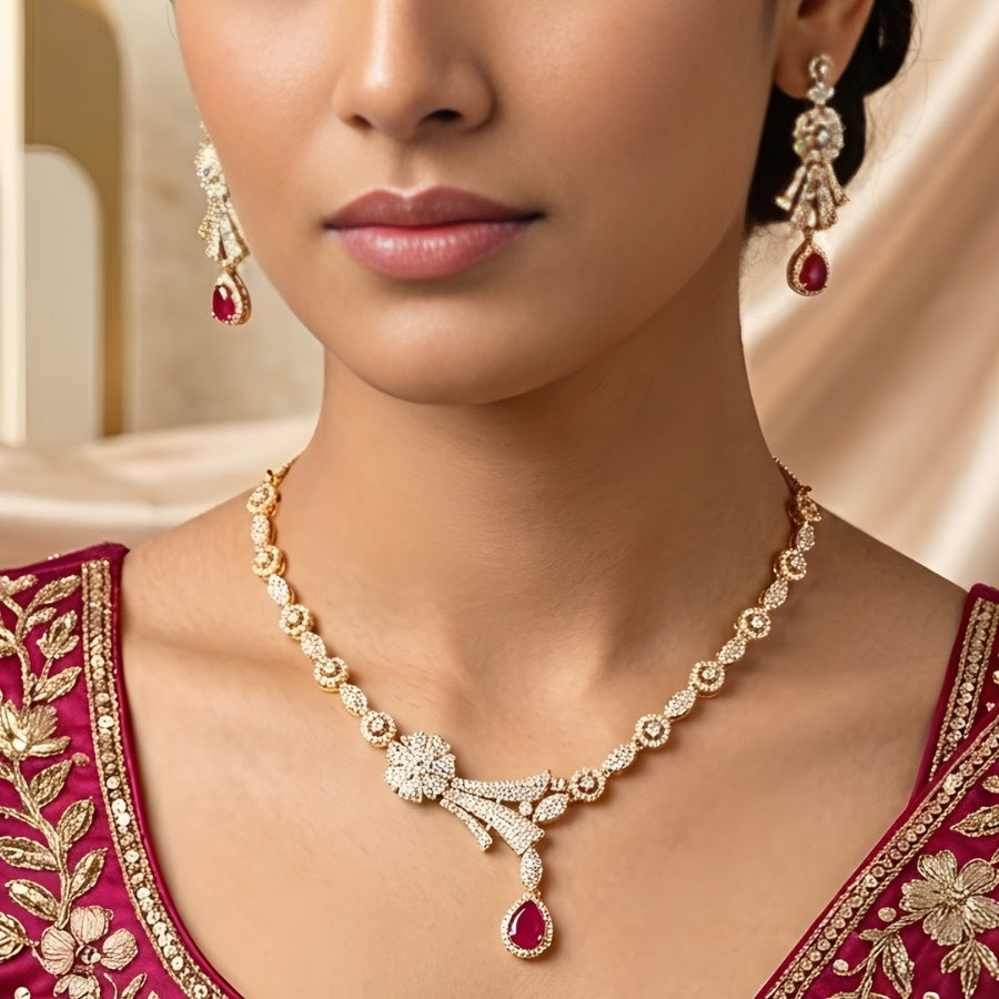 Pink Gold Lightweight Short American Diamond Necklace Set for Women for Occasion and Party Wear (MC-NS-007-PK-GD)