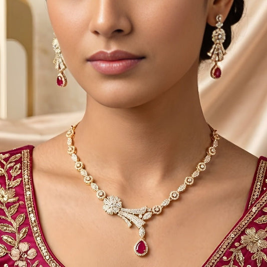 Pink Gold Polish Lightweight Short American Diamond Necklace Set - The Indian Mudra