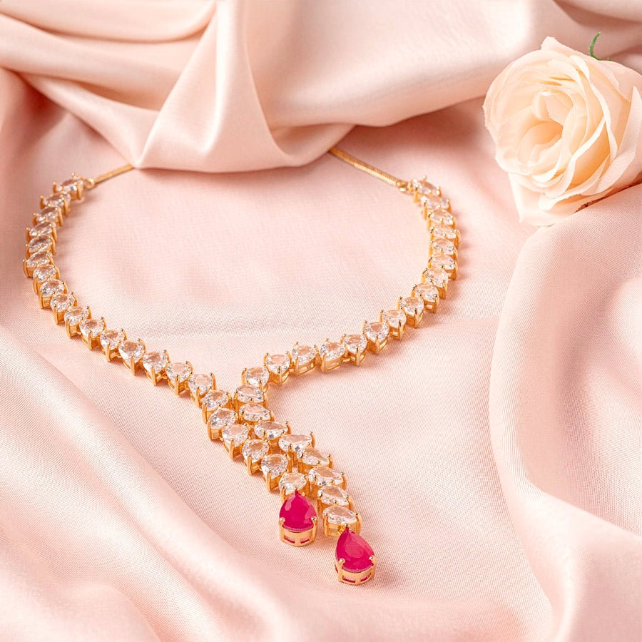 Pink Gold Short Lightweight American Diamond Necklace Set for Women for Occasion and Party Wear (MC - NS - 006 - PK - GD) - The Indian Mudra