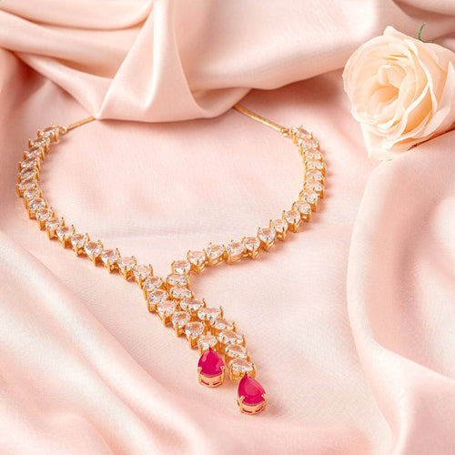 Pink Gold Short Lightweight American Diamond Necklace Set for Women for Occasion and Party Wear (MC - NS - 006 - PK - GD) - The Indian Mudra