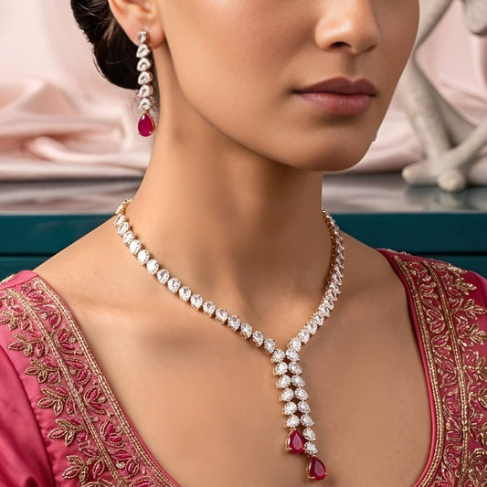 Pink Gold Short Lightweight American Diamond Necklace Set for Women for Occasion and Party Wear (MC - NS - 006 - PK - GD) - The Indian Mudra