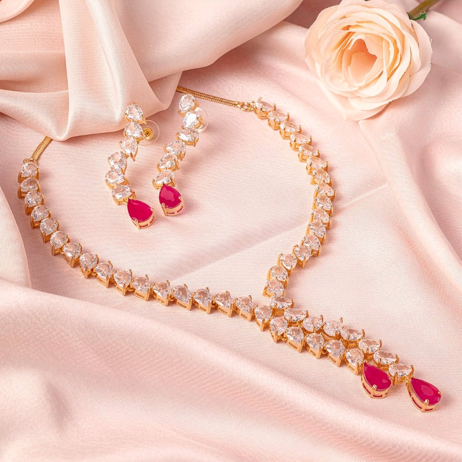 Pink Gold Short Lightweight American Diamond Necklace Set for Women for Occasion and Party Wear (MC - NS - 006 - PK - GD) - The Indian Mudra