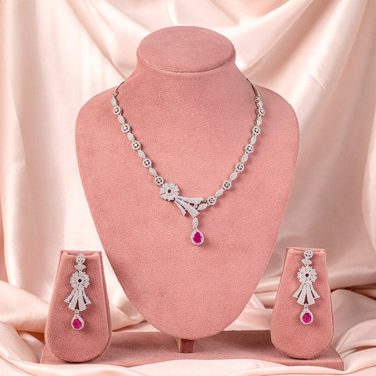 Pink Silver Lightweight Short American Diamond Necklace Set for Women for Occasion and Party Wear (MC-NS-007-PK-SL)