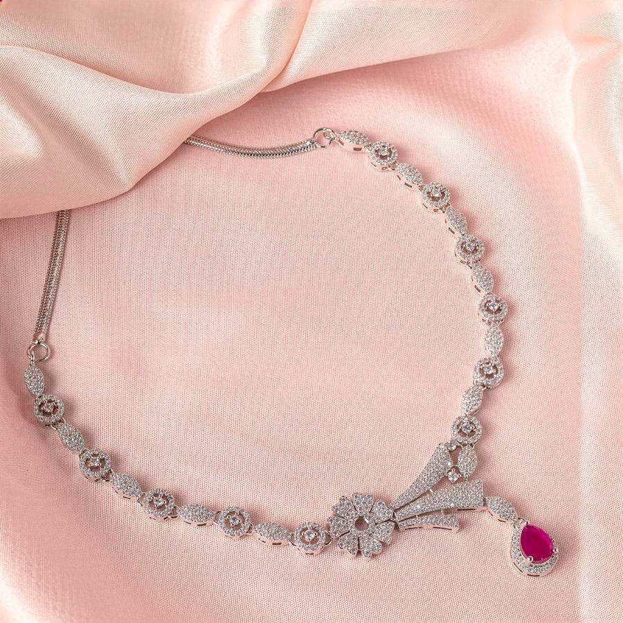 Pink Silver Lightweight Short American Diamond Necklace Set for Women for Occasion and Party Wear (MC-NS-007-PK-SL)
