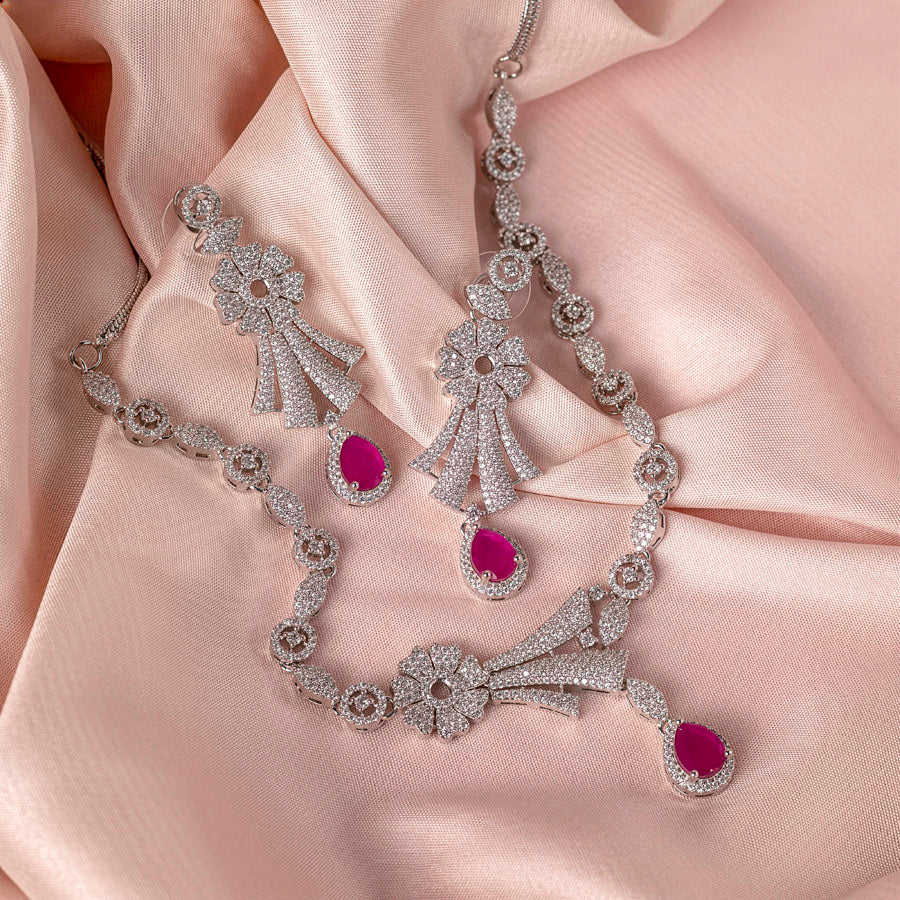 Pink Silver Lightweight Short American Diamond Necklace Set for Women for Occasion and Party Wear (MC-NS-007-PK-SL)