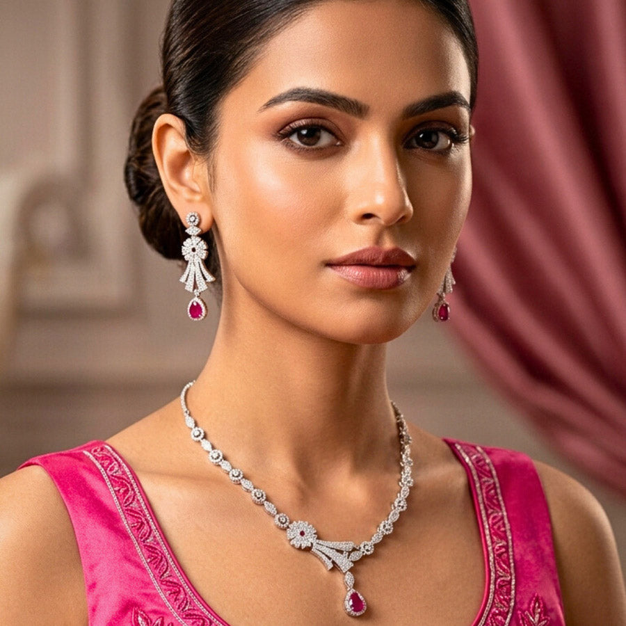 Pink Silver Lightweight Short American Diamond Necklace Set for Women for Occasion and Party Wear (MC-NS-007-PK-SL)