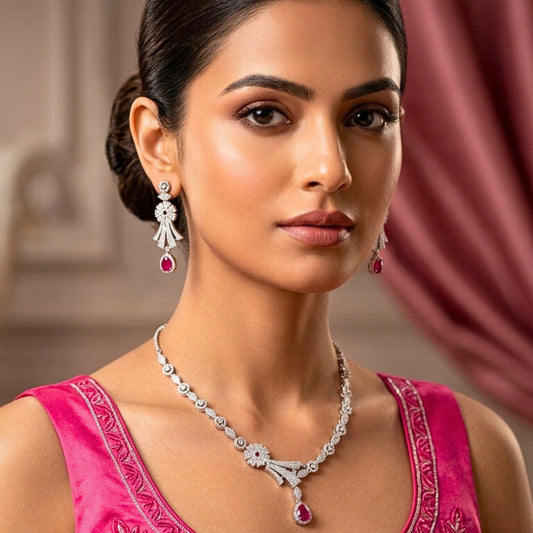 Pink Silver Lightweight Short American Diamond Necklace Set for Women for Occasion and Party Wear (MC-NS-007-PK-SL)