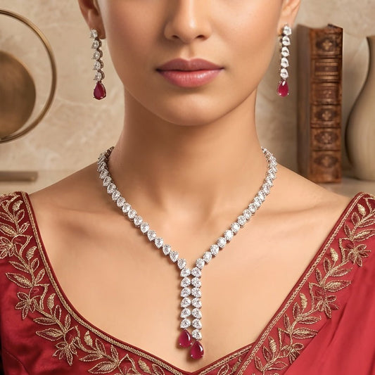 Pink Silver Polish Short Lightweight American Diamond Necklace Set - The Indian Mudra
