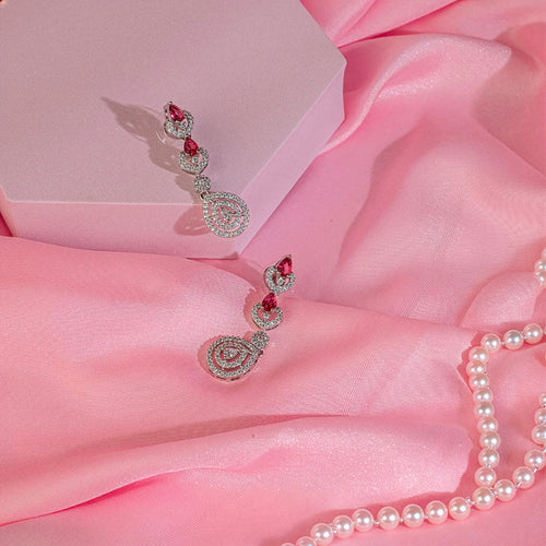 Pink Silver Polish Short Lightweight Necklace Set American Diamond for Women for Occasion and Party Wear (MC - NS - 023 - PK - SL - 4) - The Indian Mudra