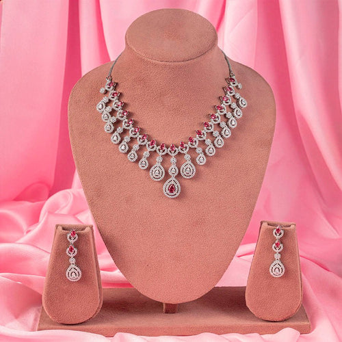 Pink Silver Polish Short Lightweight Necklace Set American Diamond for Women for Occasion and Party Wear (MC - NS - 023 - PK - SL - 4) - The Indian Mudra