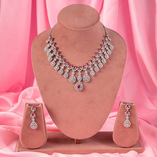 Pink Silver Polish Short Lightweight Necklace Set American Diamond for Women for Occasion and Party Wear (MC - NS - 023 - PK - SL - 4) - The Indian Mudra