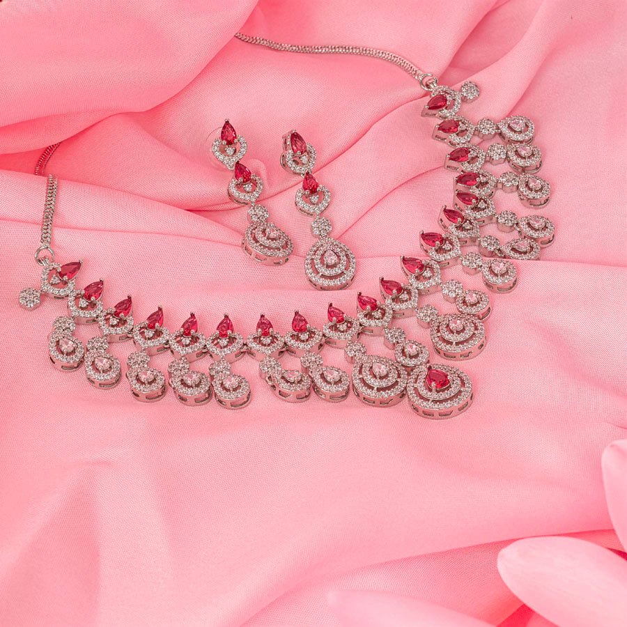 Pink Silver Polish Short Lightweight Necklace Set American Diamond for Women for Occasion and Party Wear (MC - NS - 023 - PK - SL - 4) - The Indian Mudra