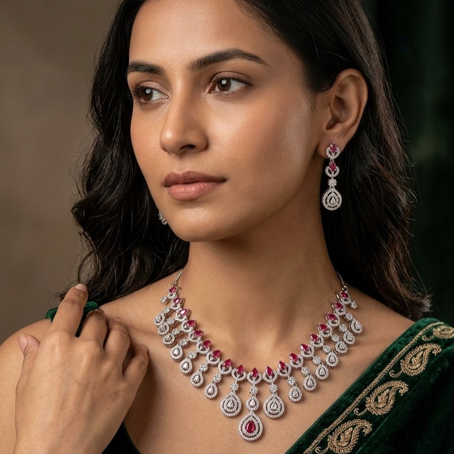 Pink Silver Polish Short Lightweight Necklace Set American Diamond for Women for Occasion and Party Wear (MC - NS - 023 - PK - SL - 4) - The Indian Mudra