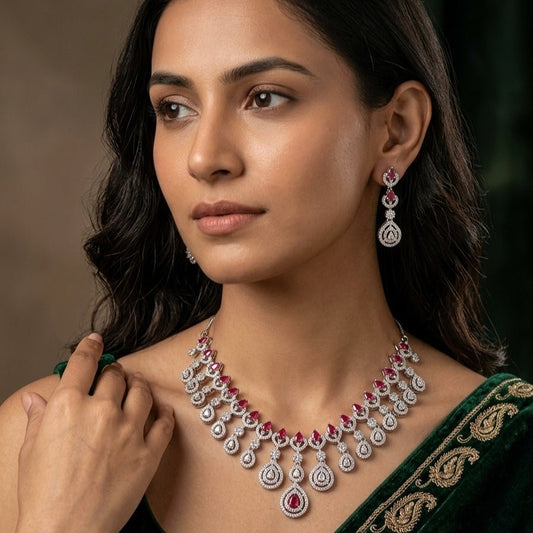 Pink Silver Polish Short Lightweight Necklace Set American Diamond for Women for Occasion and Party Wear (MC - NS - 023 - PK - SL - 4) - The Indian Mudra